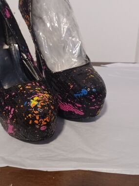 Black Sequin Platform Heels with Pink, Orange, Yellow and Blue Splatter